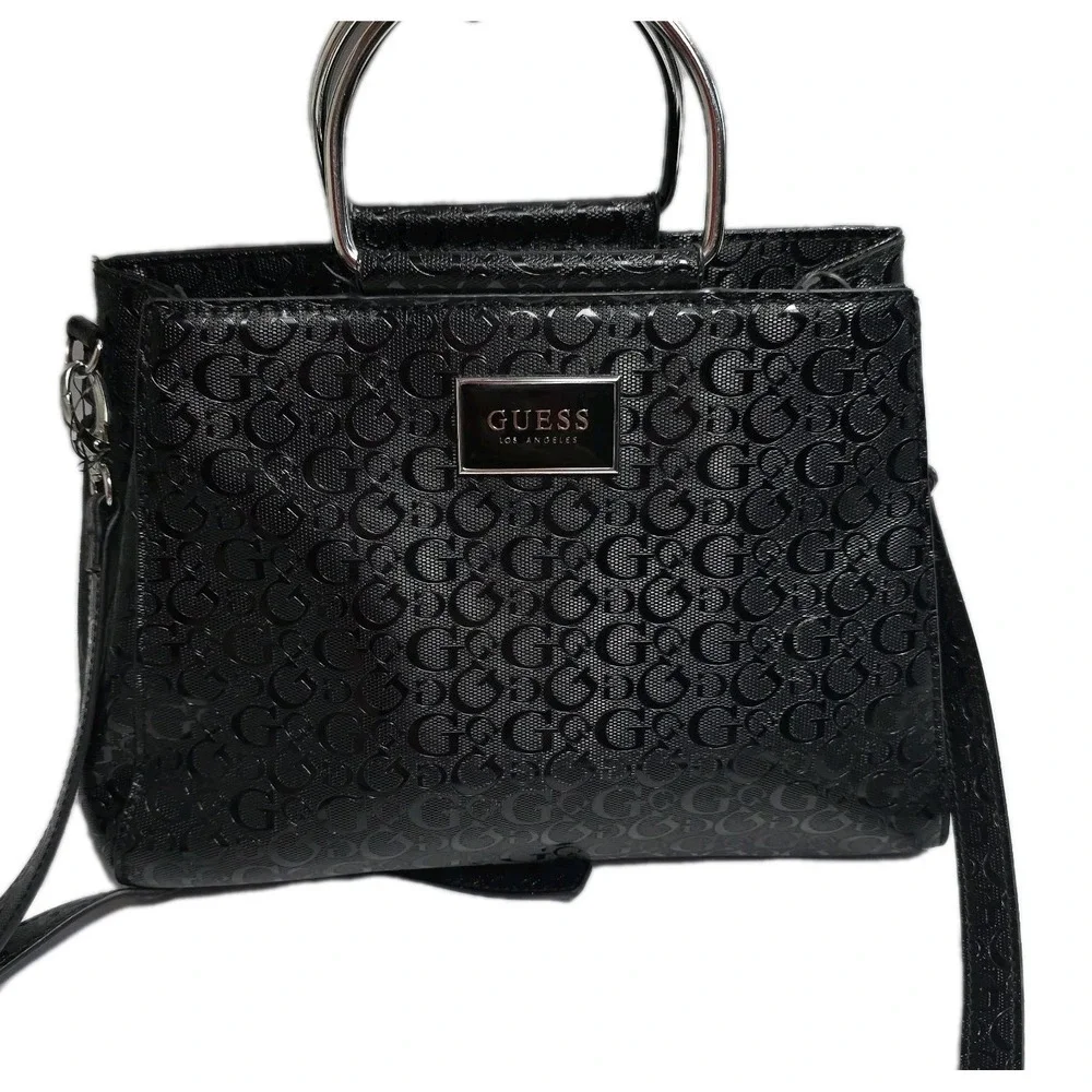 Guess Black Logo Satchel Handbag Silver Handle Crossbody Strap Spacious Bag - Picture 1 of 11